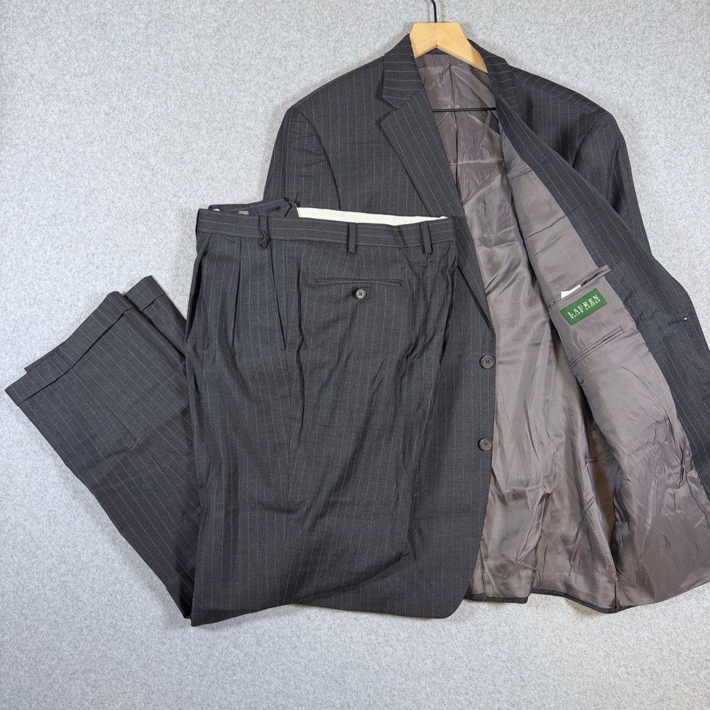 Lauren Ralph Lauren Suit Mens 44L 37x32.5 Charcoal Grey Pinstripe 2-Piece Wool